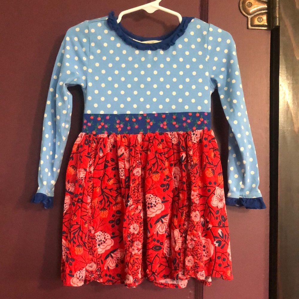 Blue and Red Polka Dot and Floral Kids Casual Dress